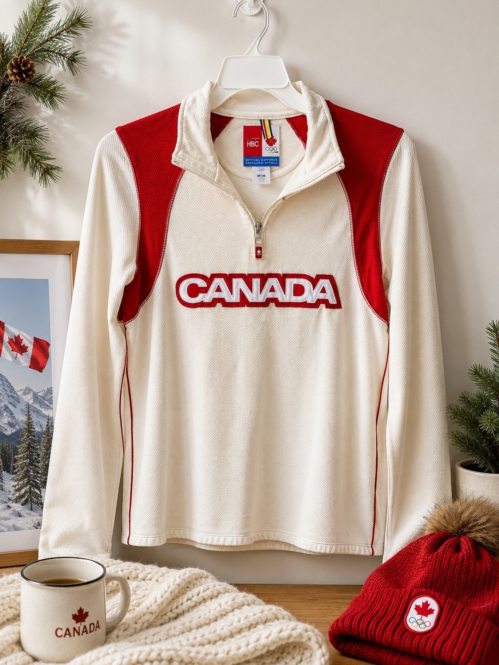 HBC Team Canada Olympic 2006 Quarter Zip Pullover Large Red White Jacket Top